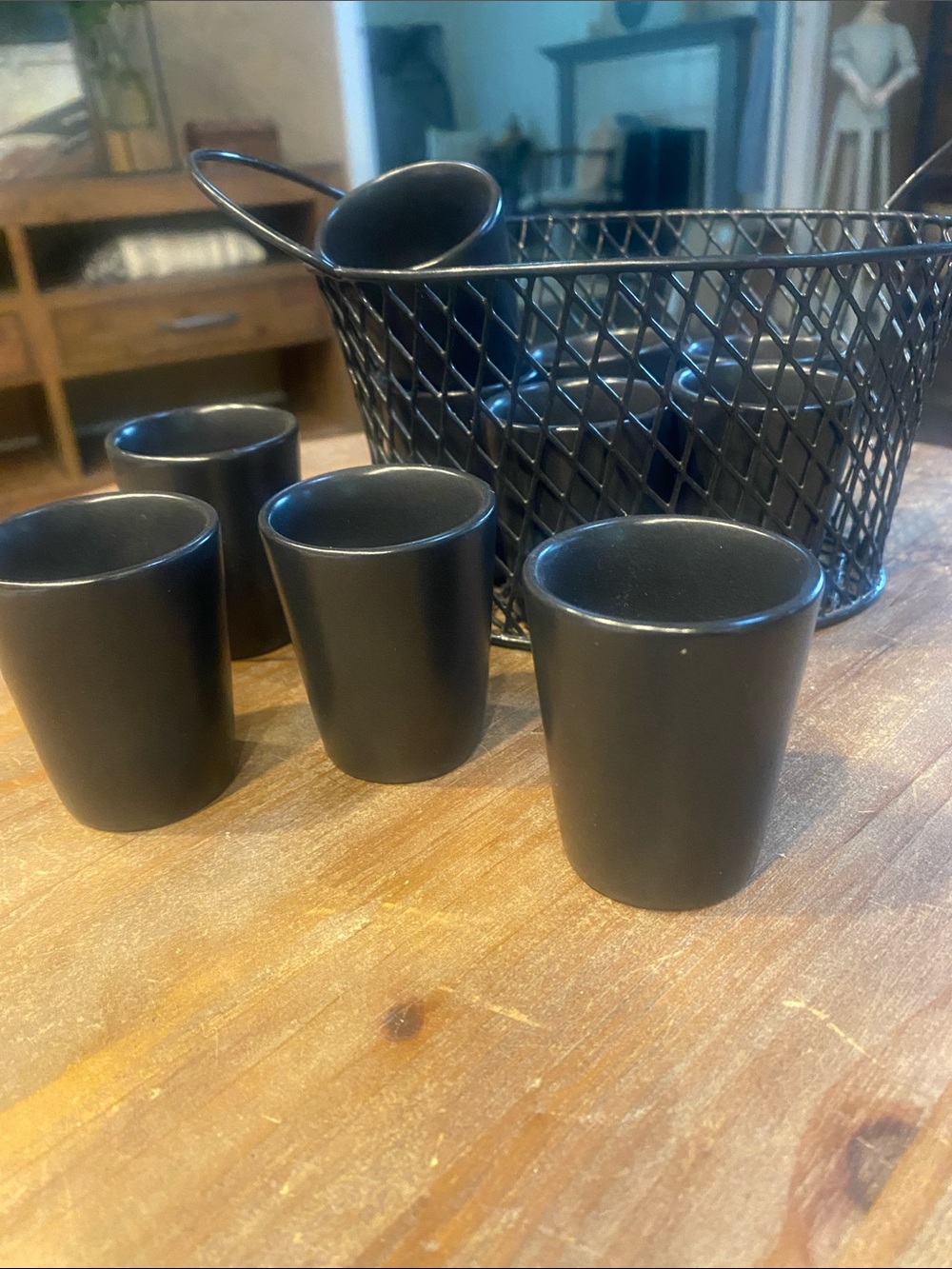 Black Wire Basket with 10 sake or shot glasses adorable